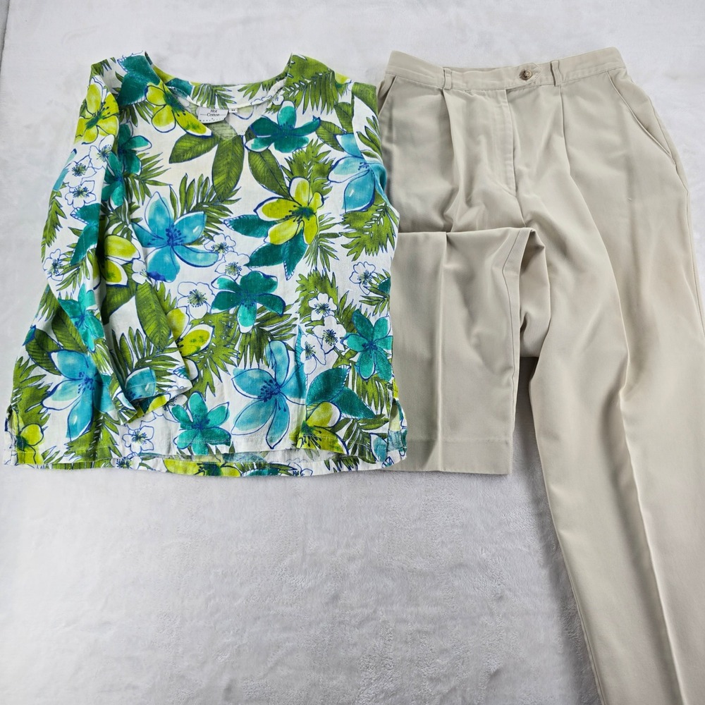 Hot Cotton Talbots Womens 12/M 2pc Set Beige Pants Green Floral Tropical Top